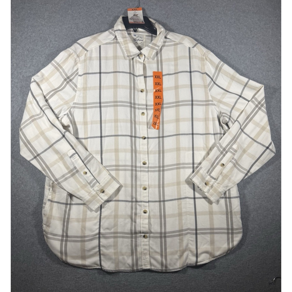 Jachs Girlfriend New York Women's XXL White Beige Plaid Flannel Button-Up Shirt
